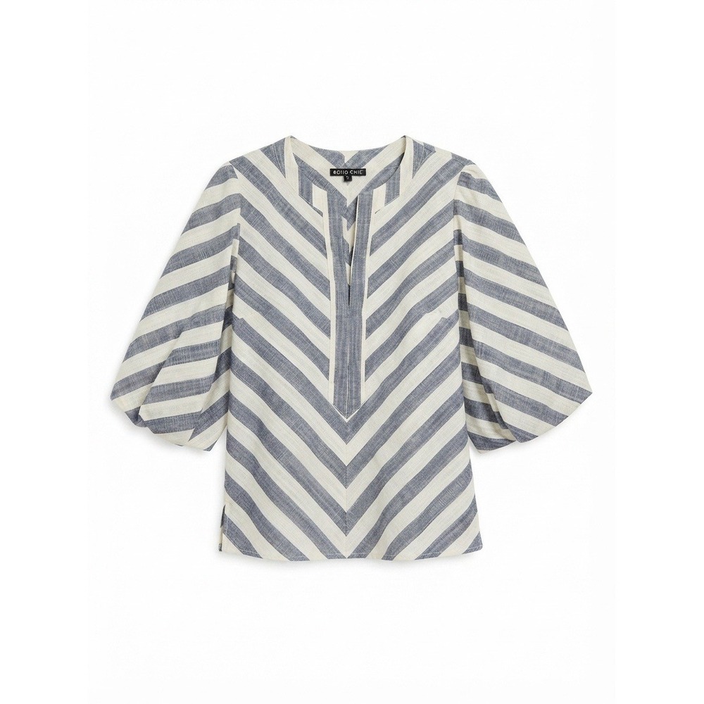 Boho Chic Top Linen Cotton Womens XS Striped Summer Beach Resort Short Sleeve